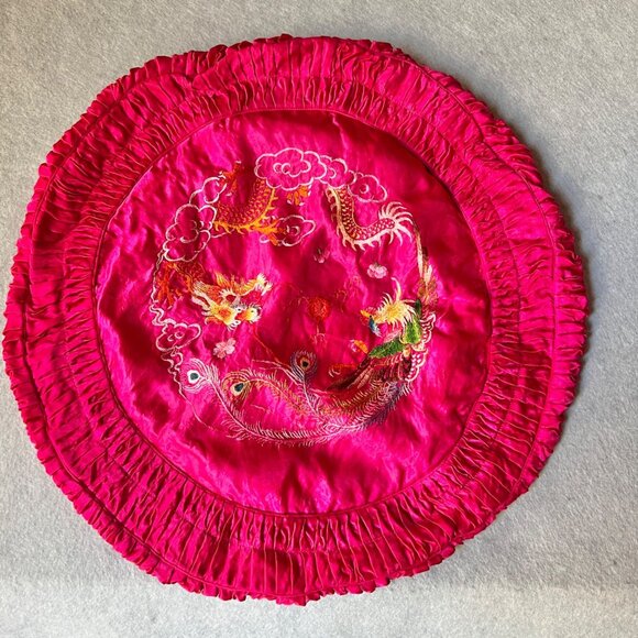 None Other - Embroidered Cushion Cover Pink Round Pleated Trim Dragon & Bird 18" D VTG READ